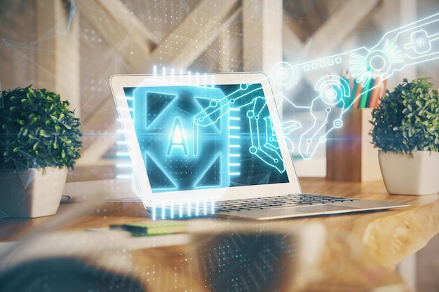 Doble exposición del escritorio con computadora personal en el fondo y dibujo de tema tecnológico Concepto de Bigdata