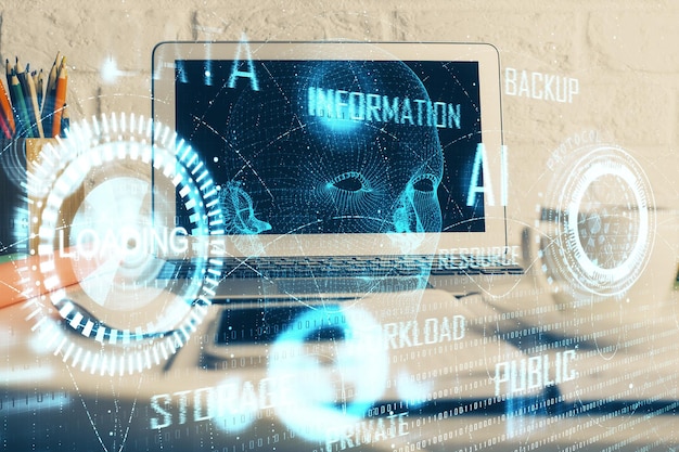 Doble exposición del escritorio con computadora personal en el fondo y dibujo de tema tecnológico Concepto de Bigdata