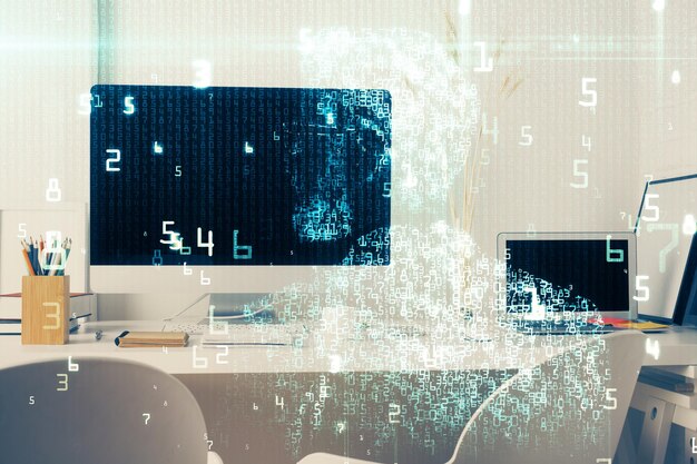 Doble exposición del escritorio con computadora personal en el fondo y dibujo de tema tecnológico Concepto de Bigdata