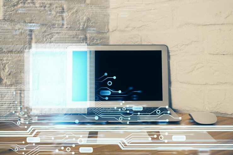 Foto doble exposición del escritorio con computadora personal en el fondo y dibujo de tema tecnológico concepto de bigdata