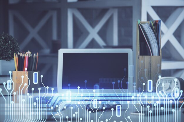 Doble exposición del escritorio con computadora personal en el fondo y dibujo de tema tecnológico Concepto de Bigdata