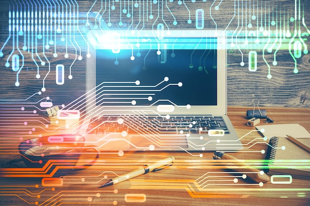 Doble exposición del escritorio con computadora personal en el fondo y dibujo de tema tecnológico Concepto de Bigdata