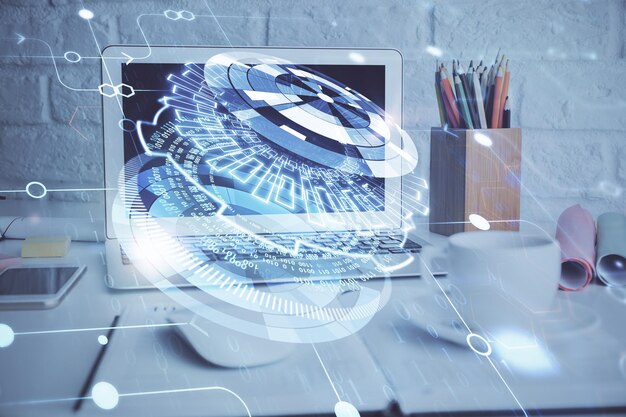 Doble exposición del escritorio con computadora personal en el fondo y dibujo de tema tecnológico Concepto de Bigdata