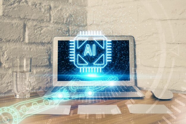 Doble exposición del escritorio con computadora personal en el fondo y dibujo de tema tecnológico Concepto de Bigdata