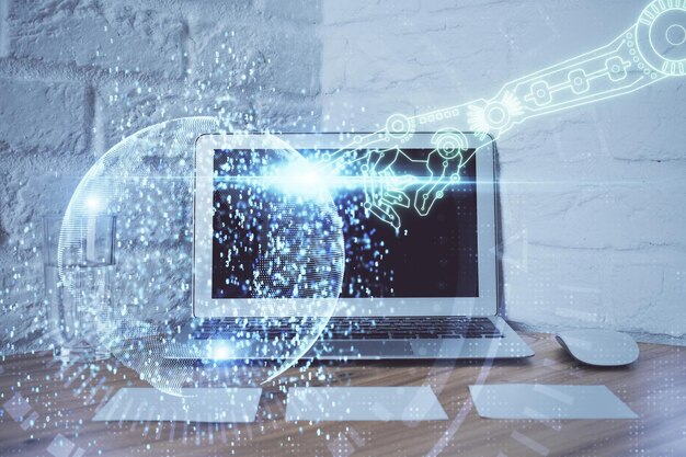 Doble exposición del escritorio con computadora personal en el fondo y dibujo temático tecnológico Concepto de Bigdata