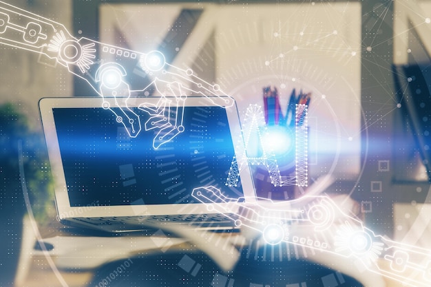 Doble exposición de escritorio con computadora personal en segundo plano y dibujo de tema tecnológico Concepto de análisis de datos
