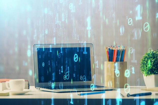 Doble exposición de escritorio con computadora personal en segundo plano y dibujo de tema tecnológico Concepto de análisis de datos