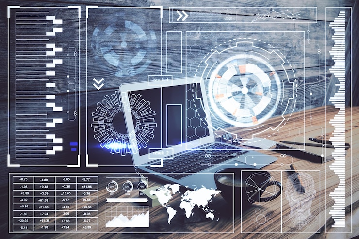 Foto doble exposición de escritorio con computadora personal en segundo plano y dibujo de tema tecnológico concepto de análisis de datos