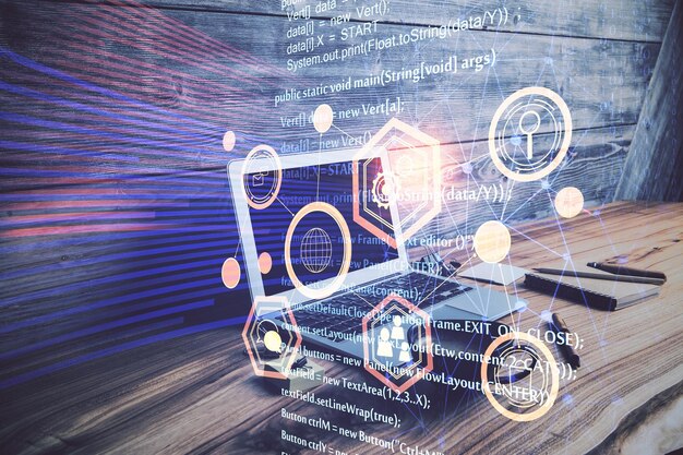 Doble exposición de escritorio con computadora personal en segundo plano y dibujo de tema tecnológico Concepto de análisis de datos