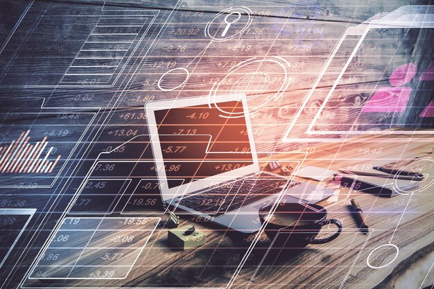 Doble exposición de escritorio con computadora personal en segundo plano y dibujo de tema tecnológico Concepto de análisis de datos
