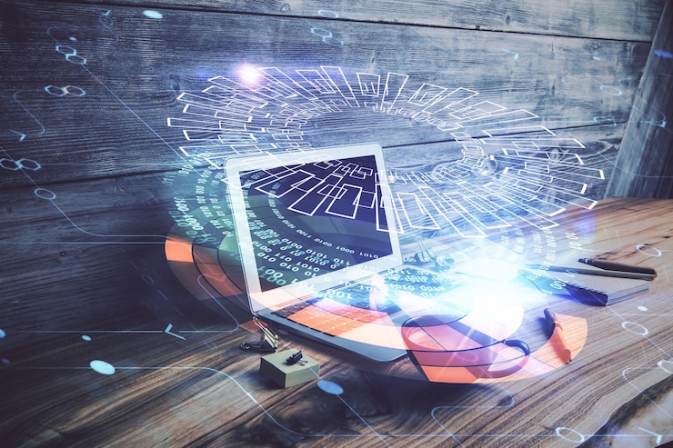 Foto doble exposición de escritorio con computadora personal en segundo plano y dibujo de tema tecnológico concepto de análisis de datos