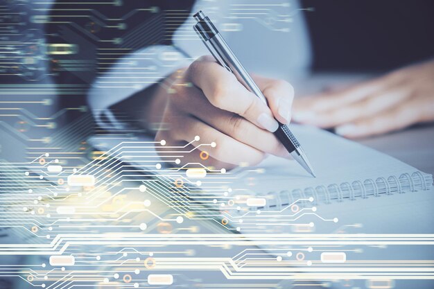 Doble exposición de la escritura a mano en el fondo con holograma de tecnología de datos Concepto de Big Data