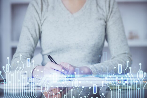 Doble exposición de la escritura a mano en el fondo con tecnología de solución de datos holograma concepto Ai