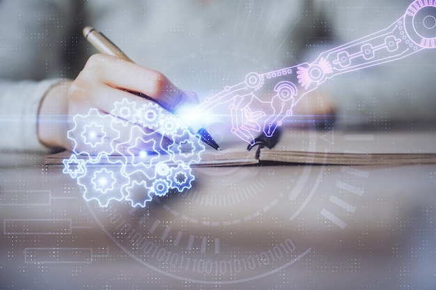 Doble exposición de la escritura a mano sobre fondo con holograma de tecnología de datos Concepto de big data