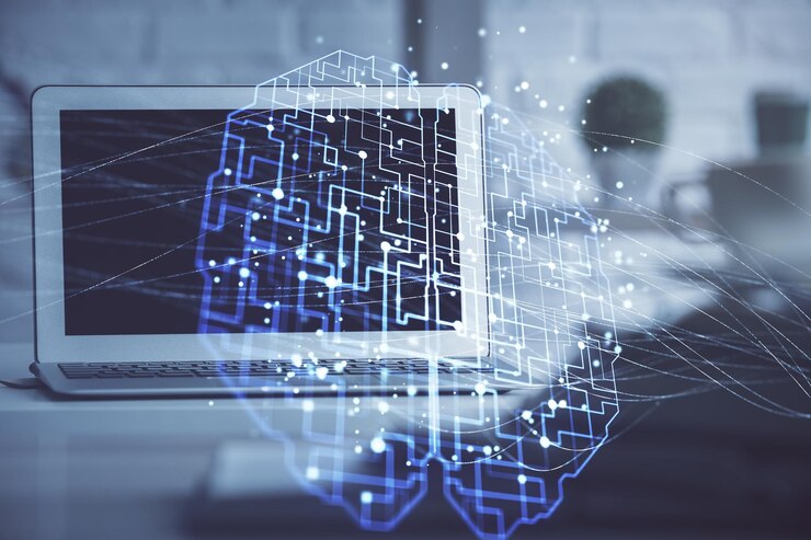 Foto doble exposición del espacio de trabajo con computadora y holograma de dibujo del cerebro humano concepto de tormenta de ideas