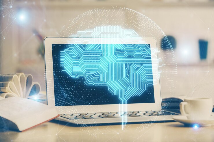 Foto doble exposición del espacio de trabajo con computadora y holograma de dibujo del cerebro humano concepto de tormenta de ideas