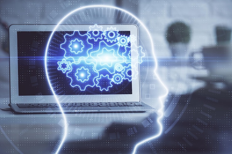 Foto doble exposición del espacio de trabajo con computadora y holograma de dibujo del cerebro humano concepto de tormenta de ideas