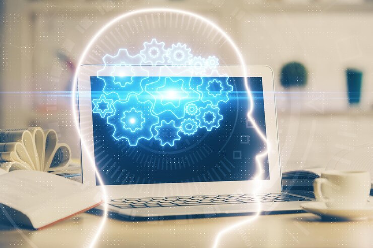 Foto doble exposición del espacio de trabajo con computadora y holograma de dibujo del cerebro humano concepto de tormenta de ideas