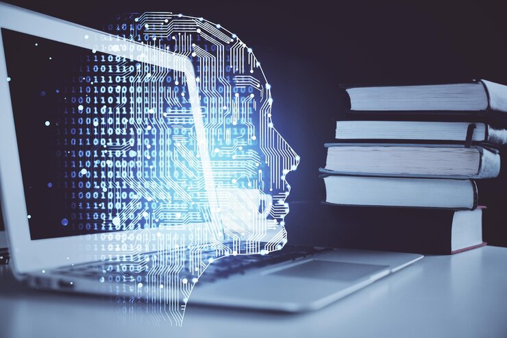 Foto doble exposición del espacio de trabajo con computadora y holograma de dibujo del cerebro humano concepto de tormenta de ideas