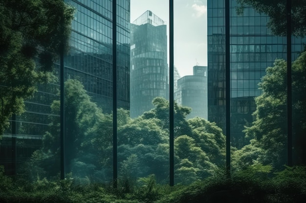 Doble exposición de exuberantes bosques verdes y modernas ventanas de rascacielos del edificio Concepto de ciudad verde