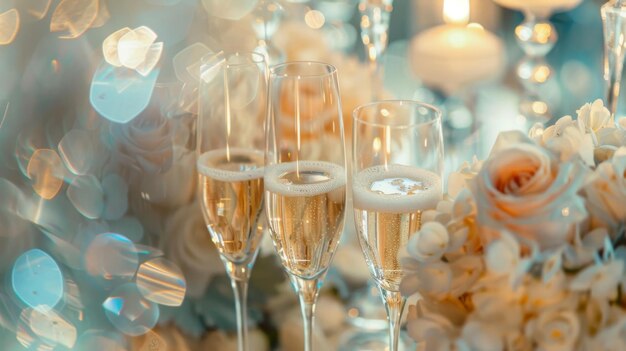 Doble exposición de flautas de champán con decoración de boda