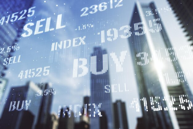 Doble exposición del gráfico financiero abstracto en el fondo de los edificios de oficinas forex y el concepto de inversión