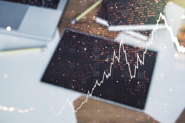 Doble exposición de gráfico financiero creativo abstracto con mapa mundial y tableta digital en concepto de investigación y estrategia de vista superior de fondo