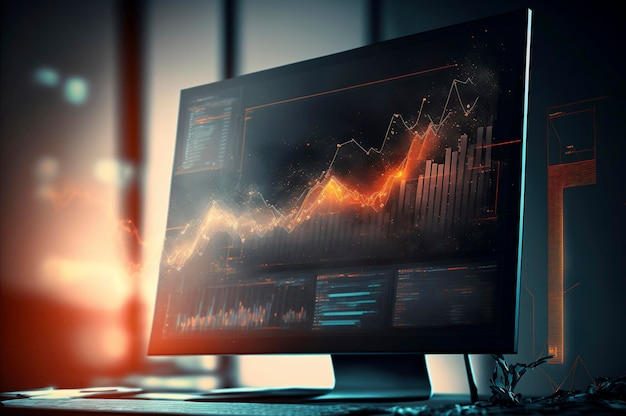 Doble exposición de un gráfico financiero creativo abstracto sobre la investigación de antecedentes de portátiles modernos y el concepto de estrategia Creado con tecnología de IA generativa