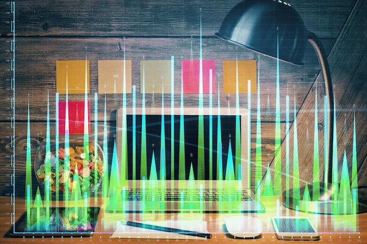 Foto doble exposición del gráfico forex y espacio de trabajo con computadora concepto de comercio internacional en línea
