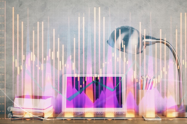 Doble exposición del gráfico forex y espacio de trabajo con computadora Concepto de comercio internacional en línea