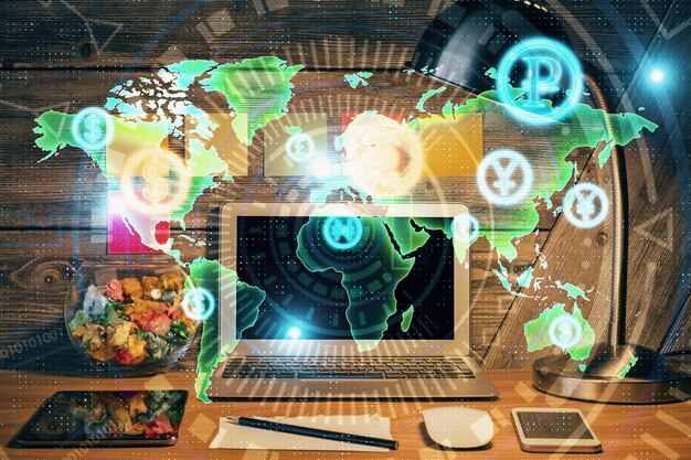 Doble exposición del gráfico forex y espacio de trabajo con computadora Concepto de comercio internacional en línea