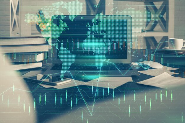 Doble exposición del gráfico forex y espacio de trabajo con computadora Concepto de comercio internacional en línea