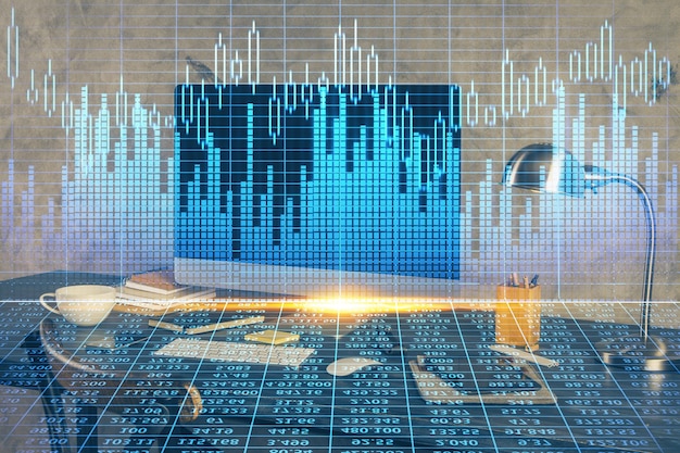 Doble exposición del gráfico forex y espacio de trabajo con computadora Concepto de comercio internacional en línea
