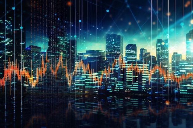 Doble exposición de gráfico de negocios y fondo de paisaje urbano Concepto de mercado de valores