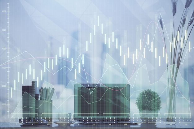 Doble exposición de gráficos e información financiera y espacio de trabajo con antecedentes informáticos Concepto de comercio internacional en línea