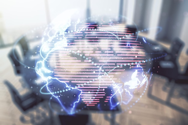 Doble exposición del holograma abstracto del mapa del mundo digital con conexiones en un fondo de sala de juntas moderno, concepto de big data y blockchain