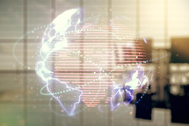 Doble exposición del holograma abstracto del mapa del mundo digital con conexiones en un fondo de sala de juntas moderno, concepto de big data y blockchain