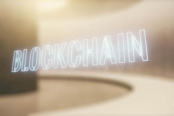 Foto doble exposición de un holograma abstracto de tecnología blockchain virtual en un fondo de oficina moderna vacío concepto de software de descentralización de investigación y desarrollo