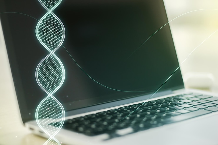Foto doble exposición del holograma de adn creativo en el fondo del portátil concepto de investigación de bioingeniería y adn
