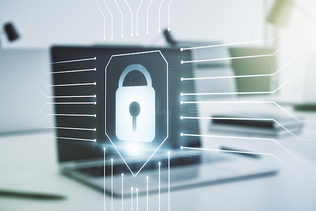 Doble exposición del holograma de bloqueo creativo con chip en el fondo del portátil Concepto de seguridad de la información