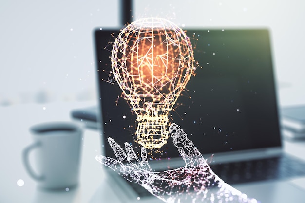 Doble exposición del holograma de bombilla creativa en el concepto de investigación y desarrollo de fondo de computadora portátil