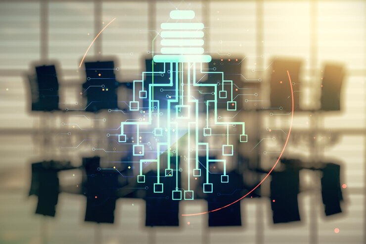 Foto doble exposición de holograma de bombilla creativa virtual con chip en una idea de fondo de sala de reuniones moderna y concepto de lluvia de ideas
