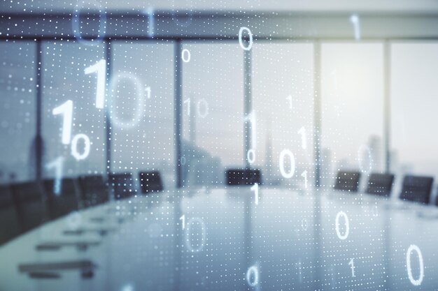 Doble exposición del holograma de código binario virtual abstracto en el fondo de una sala de reuniones moderna Base de datos y concepto de programación