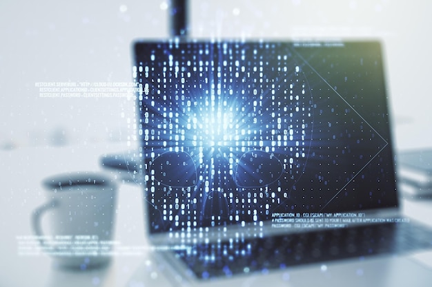 Doble exposición del holograma del cráneo del código creativo en el fondo del portátil Concepto de malware y delincuencia cibernética