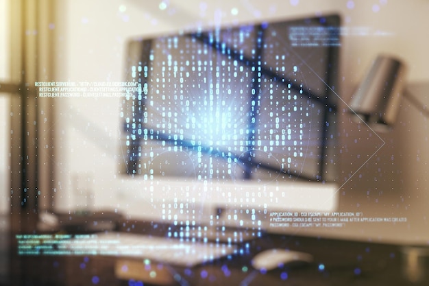 Doble exposición del holograma del cráneo del código creativo en el fondo del portátil Concepto de malware y delincuencia cibernética