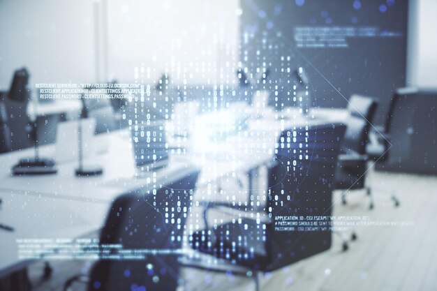 Doble exposición del holograma de cráneo de código creativo virtual abstracto en el fondo de la oficina corporativa moderna Concepto de malware y ciberdelincuencia