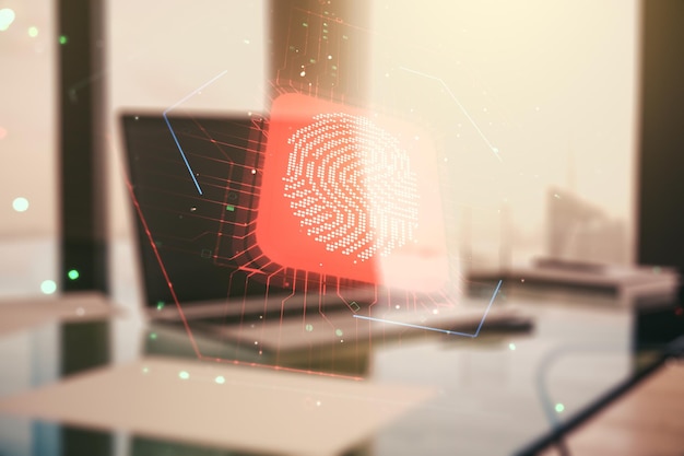 Doble exposición del holograma creativo abstracto de huellas dactilares en el concepto de investigación y desarrollo de fondo de computadora portátil