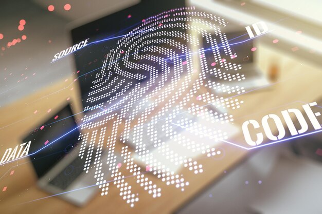 Doble exposición de holograma creativo abstracto de huellas dactilares y escritorio moderno con computadora en la protección de fondo del concepto de información personal