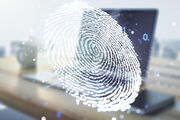 Doble exposición de holograma creativo abstracto de huellas dactilares y escritorio moderno con computadora en la protección de fondo del concepto de información personal
