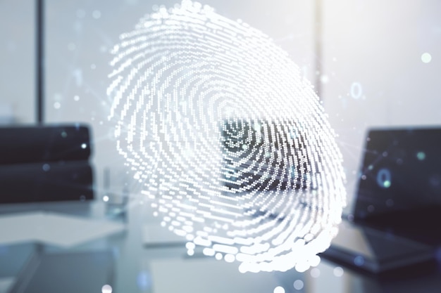 Doble exposición de holograma creativo abstracto de huellas dactilares y escritorio moderno con computadora en la protección de fondo del concepto de información personal